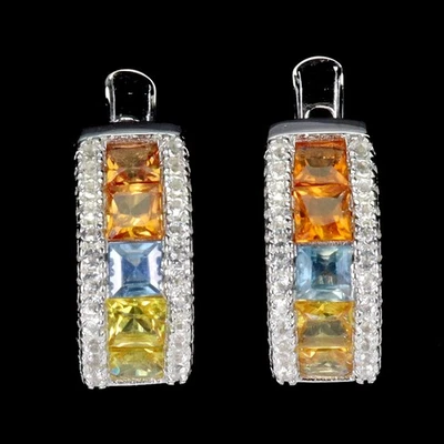 925 Sterling Silver Earrings Sapphire Princess Cut Topaz Natural Gemstone Jewelr - Image 1 of 4