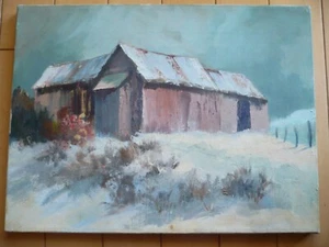 MYSTERY ARTIST VINTAGE ARTWORK, IMPRESSIONIST SNOWY WINTER LANDSCAPE CABIN SNOW - Bild 1 von 11