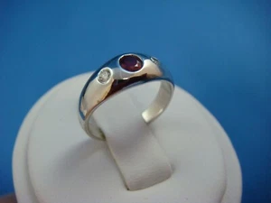 14K WHITE GOLD 3.4 GRAMS,  RUBY & 2 DIAMONDS SMALL GYPSY RING, SOLID BACK - Picture 1 of 12