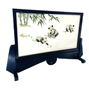 Vintage bestickt Seide Panda Bambus Orientalisch Asien Kunst Mittelstück Tischdeko - Bild 1 von 18