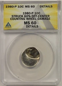 1980-P 10C ANACS MS 60 Det Struck 60% Off Center Counting Wheel Damage Roosevelt - Picture 1 of 4