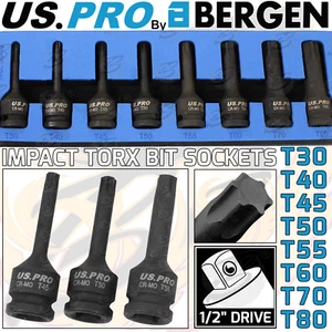 US PRO IMPACT TORX BIT Sockets Set 1/2" Drive Impact TRX Star Sockets T30 To T80 - Picture 1 of 6