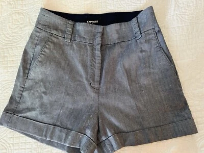 Pantalones cortos Express midi de tiro medio para mujer talla 6 azul mezcla de lino elástico con puños Foto 1 de 4