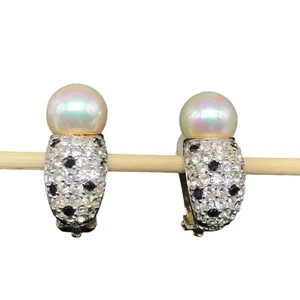Italian Pave and Pearl Half Hoop Earrings with CZ and Black Spinel Crystals, 925 - Picture 1 of 9