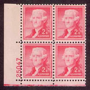 US. 1033. 2c. Thomas Jefferson. Liberty Issue. PB4 Pl# 25047 LL. MNH. 1954  - Picture 1 of 2