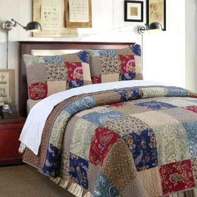 Quilt Set King Patchwork Red Blue Cream Paisley Cotton Reversible Fabric Bedding - Image 1 of 4