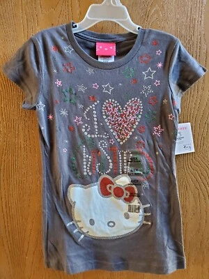 NUEVO CON ETIQUETAS Talla 6/6X Hello Kitty Camiseta Gris Brillo Con Estrellas I ❤️ Navidad Nueva Foto 1 de 2