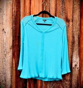 Women's HANNAH V neck long sleeve Turquoise blouse decorative hem neckline M - Picture 1 of 7