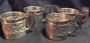 4 SILVER Plated TEA COFFEE CUP GLASS HOLDERS Vintage - Picture 1 of 8