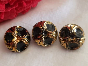 Trio boutons anciens en verre  noir doré travaillé pied 1,3 cm D16A - Picture 1 of 5