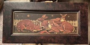 VINTAGE 1988 FRAMED ART MARLENE COBLE FOLK ART PRIMITIVE RABBITS IN GARDEN PRINT - Picture 1 of 20