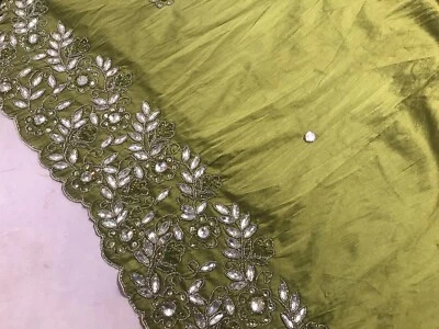 Green Silver Border Rhinestone Embroidery Taffeta Fabric 50” Width 1 Yd - image 1 of 4