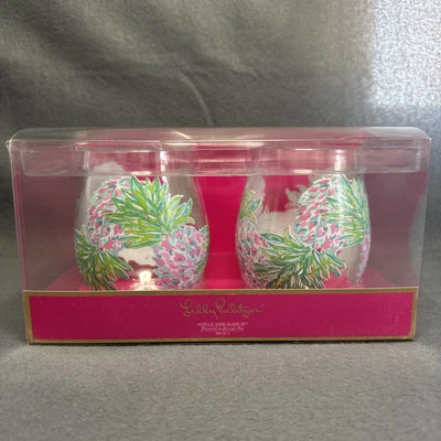 Lilly Pulitzer Stemless Acrylic Wine Glass Set Swizzle Out Pineapples Open Box - Image 1 of 4