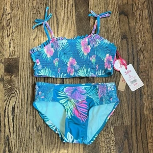 NWT Justice Blue Hawaiian Bikini Set Kid’s Size Large Floral - Picture 1 of 6