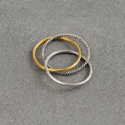 Triple ring set gold band, silver band, and rope twist ring perfect for everyday - Image 1 of 4