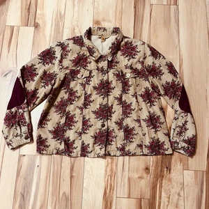 April Cornell Womens Sz M Corduroy Button Up Shirt Brown Red Floral Cottage Core - Picture 1 of 7
