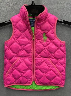Polo Ralph Lauren Down Puffer 背心女孩 2T 粉色绿色大马绗缝全拉链 — 第 1/4 张图片