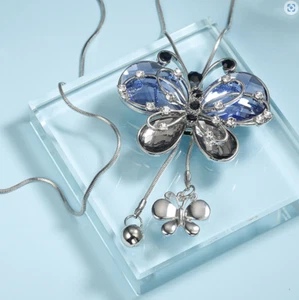 Butterfly Long Tassel Women Necklace Blue Crystal Chain Pendant Sweater Jewelry - Picture 1 of 4