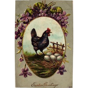 Cartolina Pasqua Germania nido di gallina oro scintillante viola pansies in rilievo (2@1 - Foto 1 di 2
