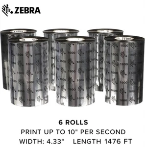 Zebra Black Wax Ribbon, Thermal Transfer Printers 4.33" x 1476' 1" Core 6 Rolls - Picture 1 of 4