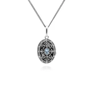 Art Nouveau Stile Ovale Acquamarina E Marcasite Medaglione Collana IN Argento - Foto 1 di 1