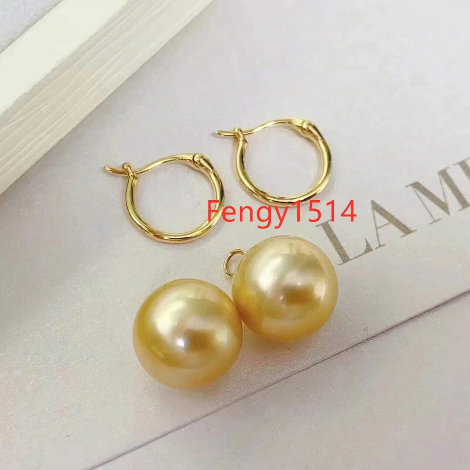 AAA+ 10-11mm natural Gold South sea round pearl earrings 14k Gold hook earrings - Image 1 of 4