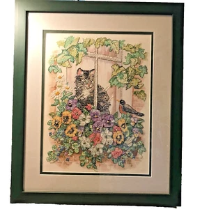 VINTAGE ABMESSUNGEN FERTIG FRÜHLINGSANSICHT KATZE & VOGEL IM FENSTER # 13133 prof gerahmt - Bild 1 von 9