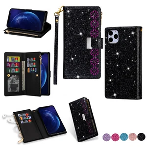 Bling Glitter Zipper Pause Leather Wallet Cover Case For iPhone 14 13 12 Pro Max - Picture 1 of 17