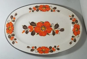 Show Pans ENAMEL Serving Platter Poppies Speckled Sanko Ware 1970s Oval 17.5x12" - Picture 1 of 5