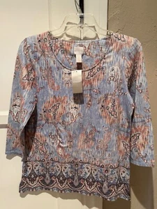 Chico's Ornamental Paisley Blue Diamond Pattern 3/4 Sleeve Top Size 0 NWT - Picture 1 of 5