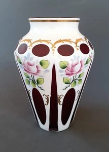 Bohemian Arcadia W. Germany White cut to Ruby crystal vase 8.75 inches  - Picture 1 of 17