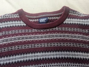 Lands End Men Fair Isle Sweater Size XL Burgundy Gray Crew Neck Knit Pullover - Picture 1 of 13