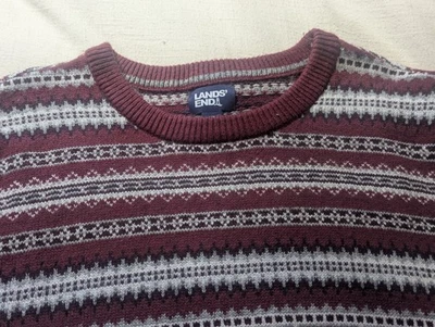 Lands End Men Fair Isle Sweater Size XL Burgundy Gray Crew Neck Knit Pullover - Image 1 of 4