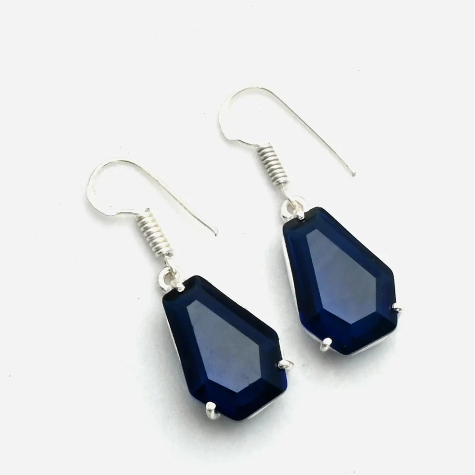 Brincos pendurados de gota feitos à mão de pedra preciosa de tanzanita joias femininas 1,4" AE-11320 - Imagem 1 de 1