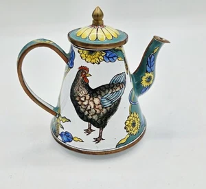 KELVIN CHEN Miniature Teapot 1999 Enameled Copper Rooster Chicken Florals  - Picture 1 of 4