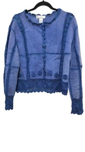 Vintage S.M.H Wildleder Häkelspitze Knopfleiste Jacke Langarm Blumendetails - Bild 1 von 8