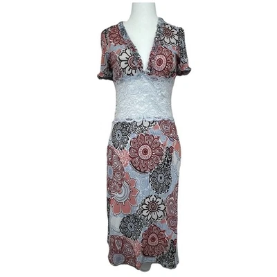 Vestido Bisou Bisou Floral Midi Malla Encaje Cintura Cuello en V Manga Gorra Transparente Años 90 Y2K-S Foto 1 de 4