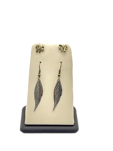 Multi-Tone Gold & Silver-Plated Leaf/Feather Dangle / CZ Bow Stud Earrings - Picture 1 of 4
