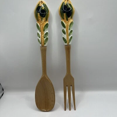 Juego/par de tenedor y cuchara para servir ensalada de madera diseño olivo pintado a mano Orvieto Foto 1 de 2