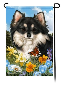 Summer Flowers Garden Flag - Longhaired Black and White Chihuahua - Picture 1 of 1