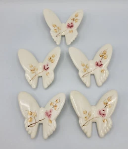 Vintage Homco Ceramic Butterflies Set Of 5 Hand Painted Pink White One Repaired - Picture 1 of 11