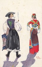 CARTOLINA DA TEMPERA DI LETY LOY, , COSTUMI DI SARDEGNA ''TEULADA''
