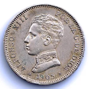 Spain-Alfonso XIII. 2 Pesetas 1905*19-05 SMV Madrid. EBC-/EBC- Plata 10 g. - Imagen 1 de 2
