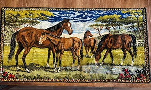 Vintage ITALIAN Velvet WILD HORSES Equine WALL Hanging TAPESTRY Rug MCM Italy - Picture 1 of 15