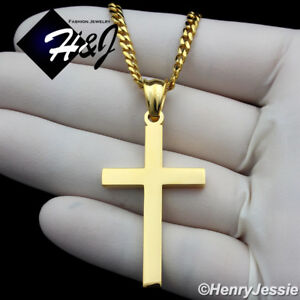 20"MEN Stainless Steel 3mm Gold Plated Cuban Curb Necklace Plain Cross Pendant*G