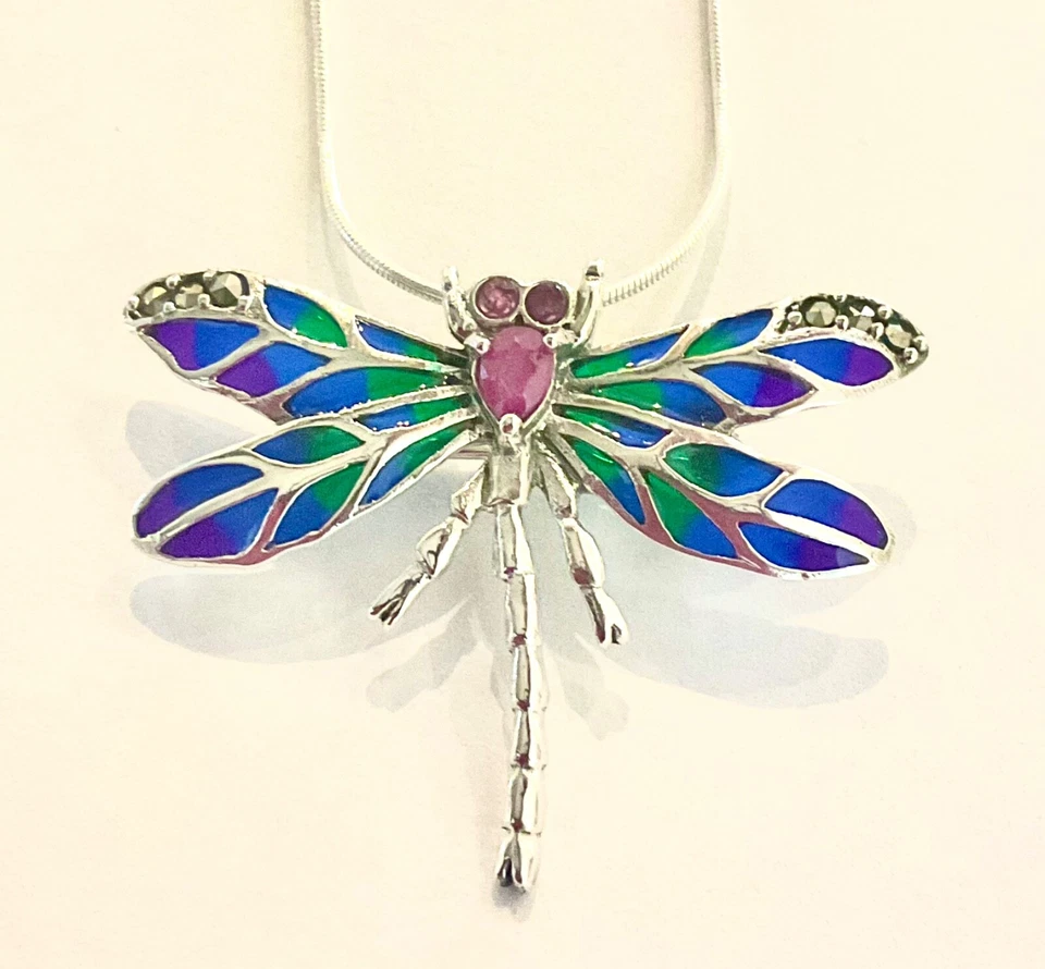 Sterling Silver Plique a Jour Ruby Dragonfly Brooch Pin Pendant & Chain Necklace - Image 1 of 1