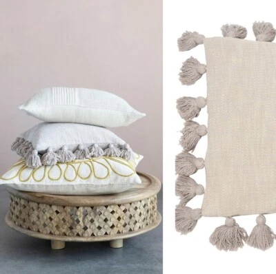 NUEVO Anthro Crema Boho Borla Pom Pom Almohada con Estuche Falso 18" x 18" Foto 1 de 4