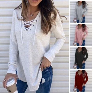 Womens Long Sleeve Casual Blouse Lace Up V Neck T Shirt Tunic Tops Sweatshirts - Picture 1 of 12