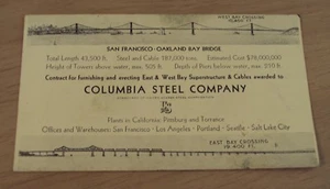 VTG 1930's INK BLOTTER~"COLUMBIA STEEL CO" San Francisco-Oakland BAY BRIDGE~ - Picture 1 of 4