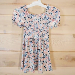BCBG Girls' Sz XS (5-6) Smocked Peasant Style Dress Pink Blue Floral Puff Sleeve - Picture 1 of 9